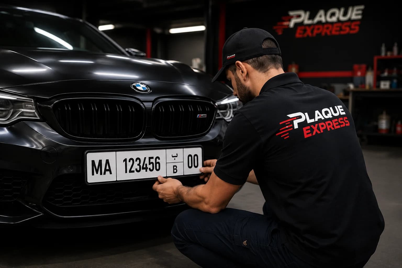 Technicien Plaque Express installant une plaque d’immatriculation sur un véhicule en atelier à Casablanca