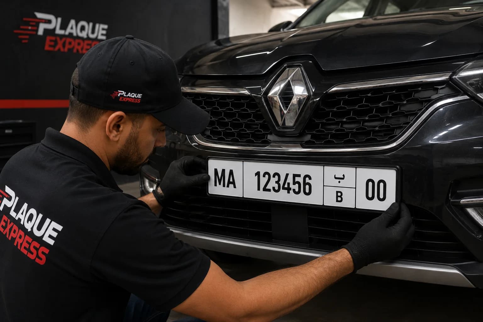 Technicien Plaque Express installant une plaque en atelier